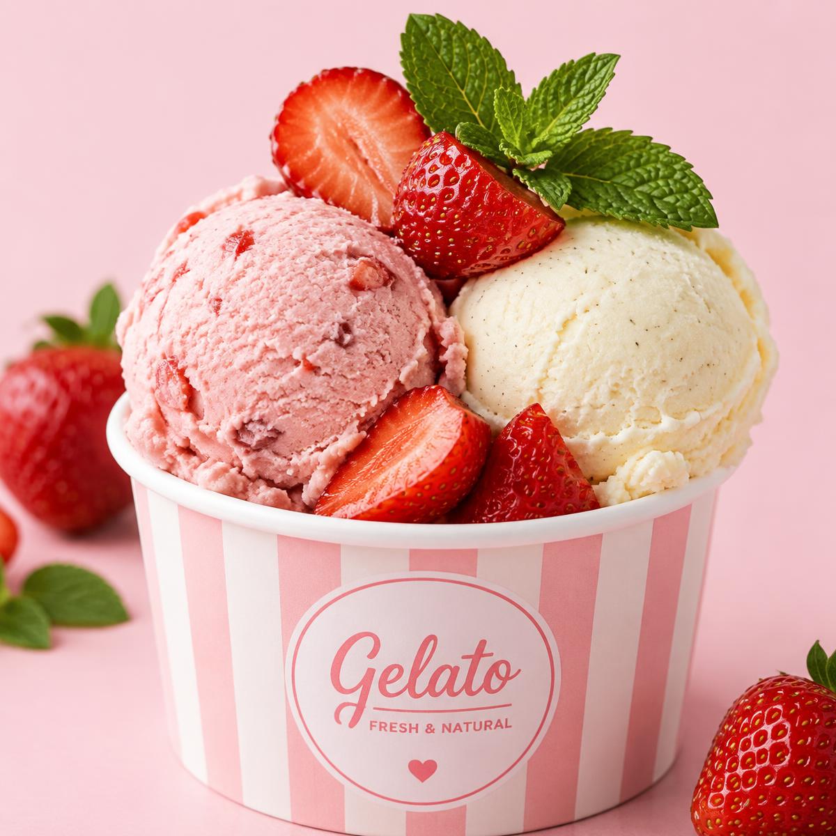 Coppetta con gelato alla fragola e vaniglia