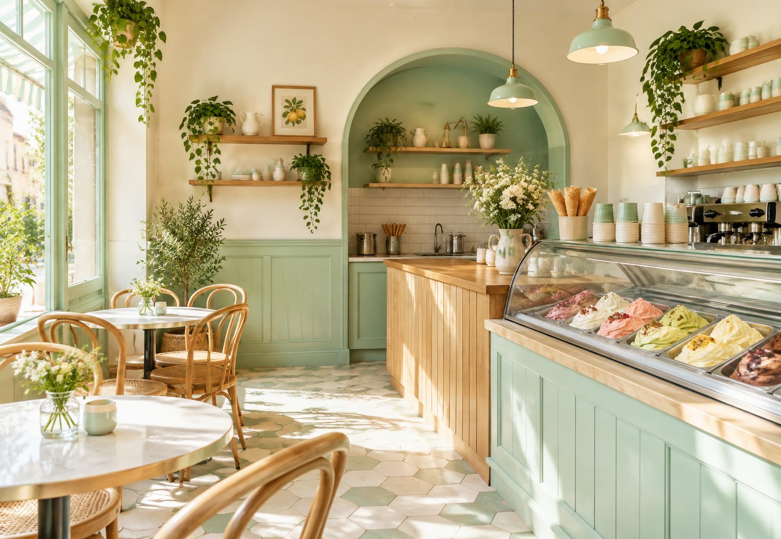 Interno luminoso della gelateria
